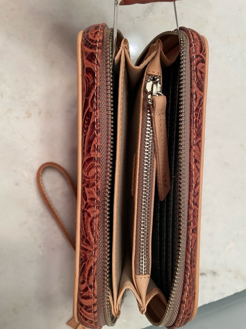 Consuela Floral Embossed Leather Wristlet in Brown and Tan - Picture 3 of 5